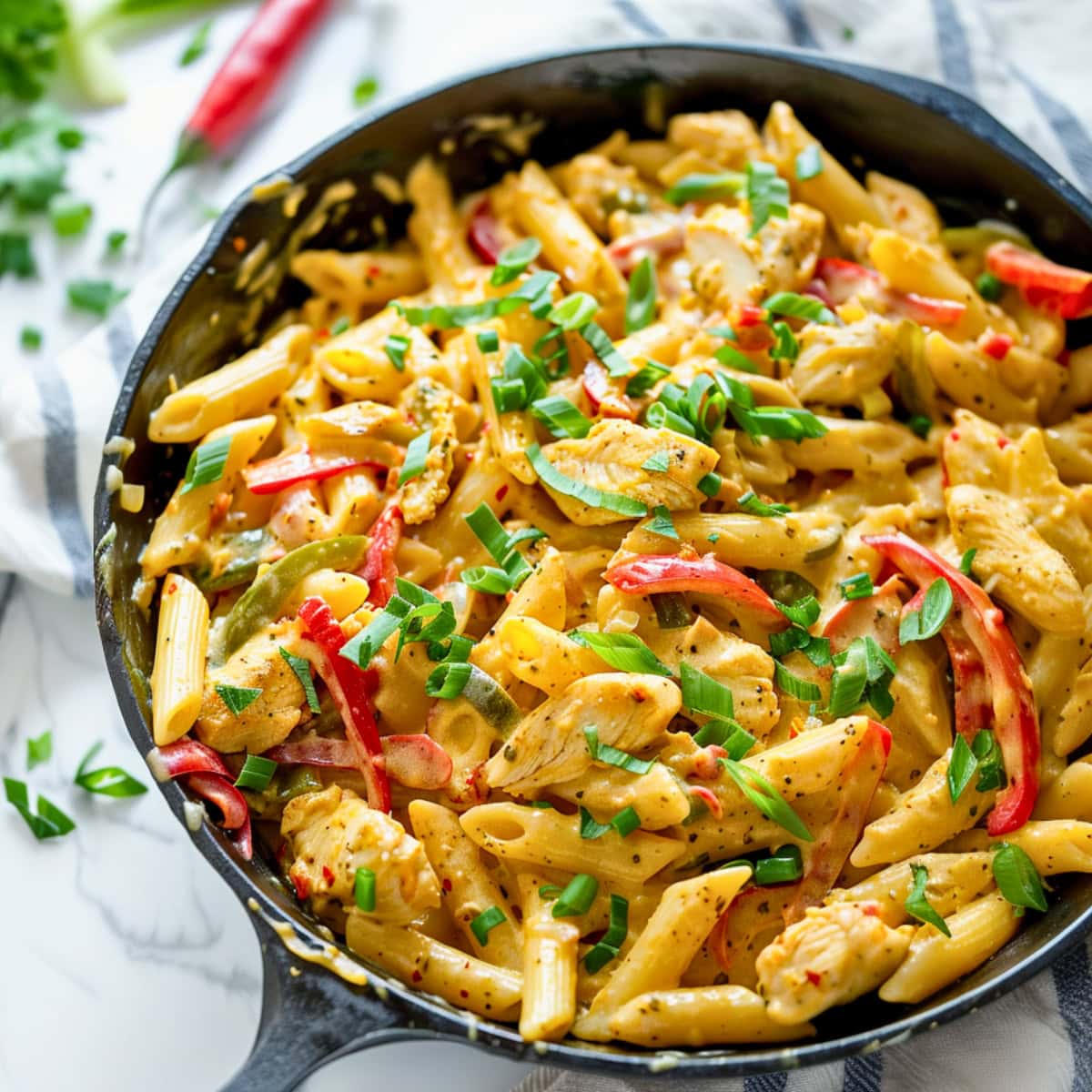 Creamy rasta pasta in pan with parmesan cheese.