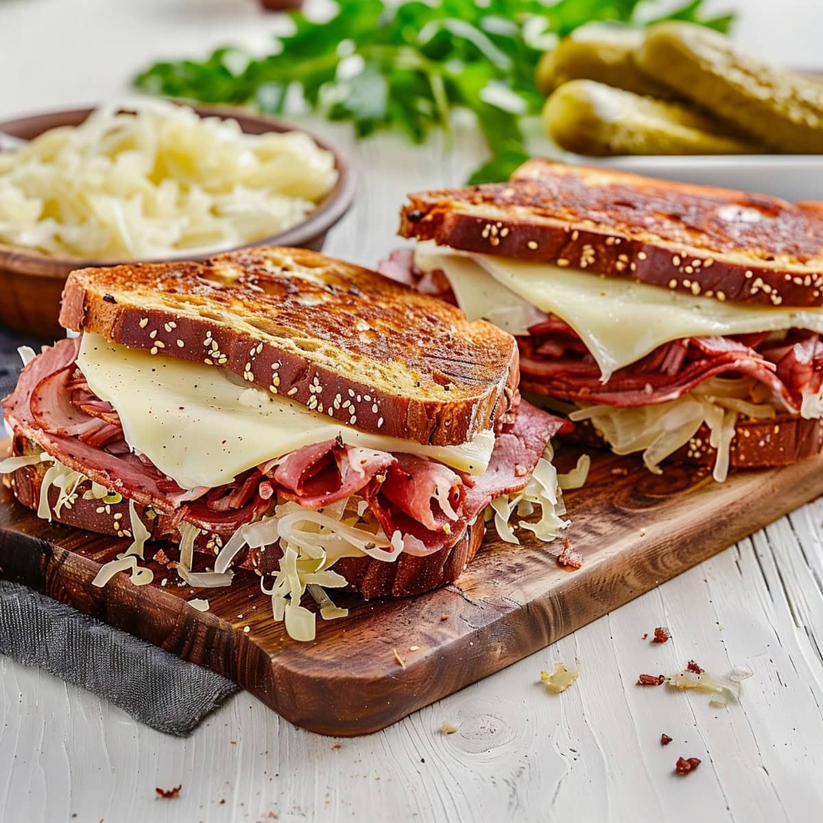 Two servings of Reuben sandwich on a wooden chopping board.