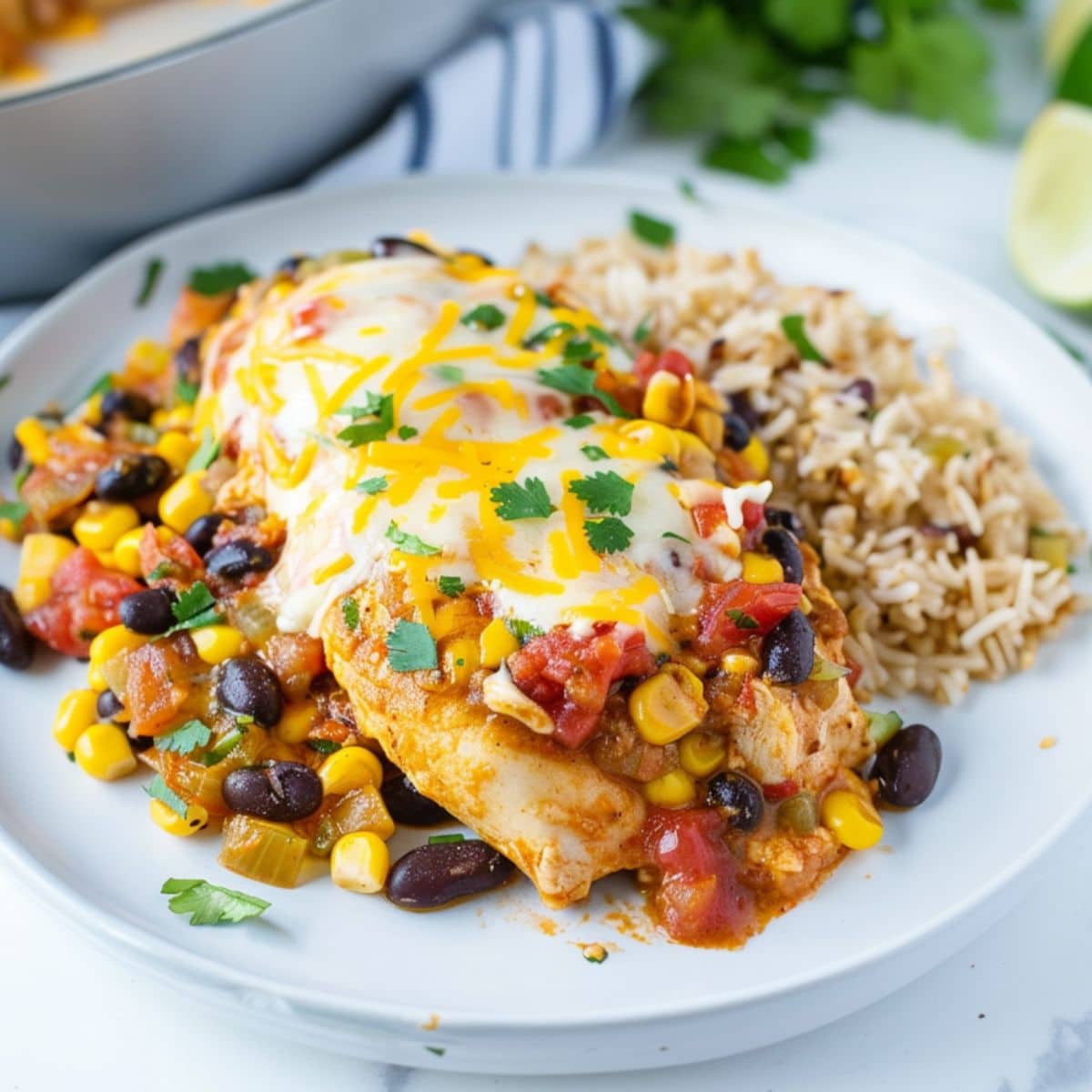 Cheesy chicken breast with corn, black beans and diced tomato served with brown rice in a white plate.