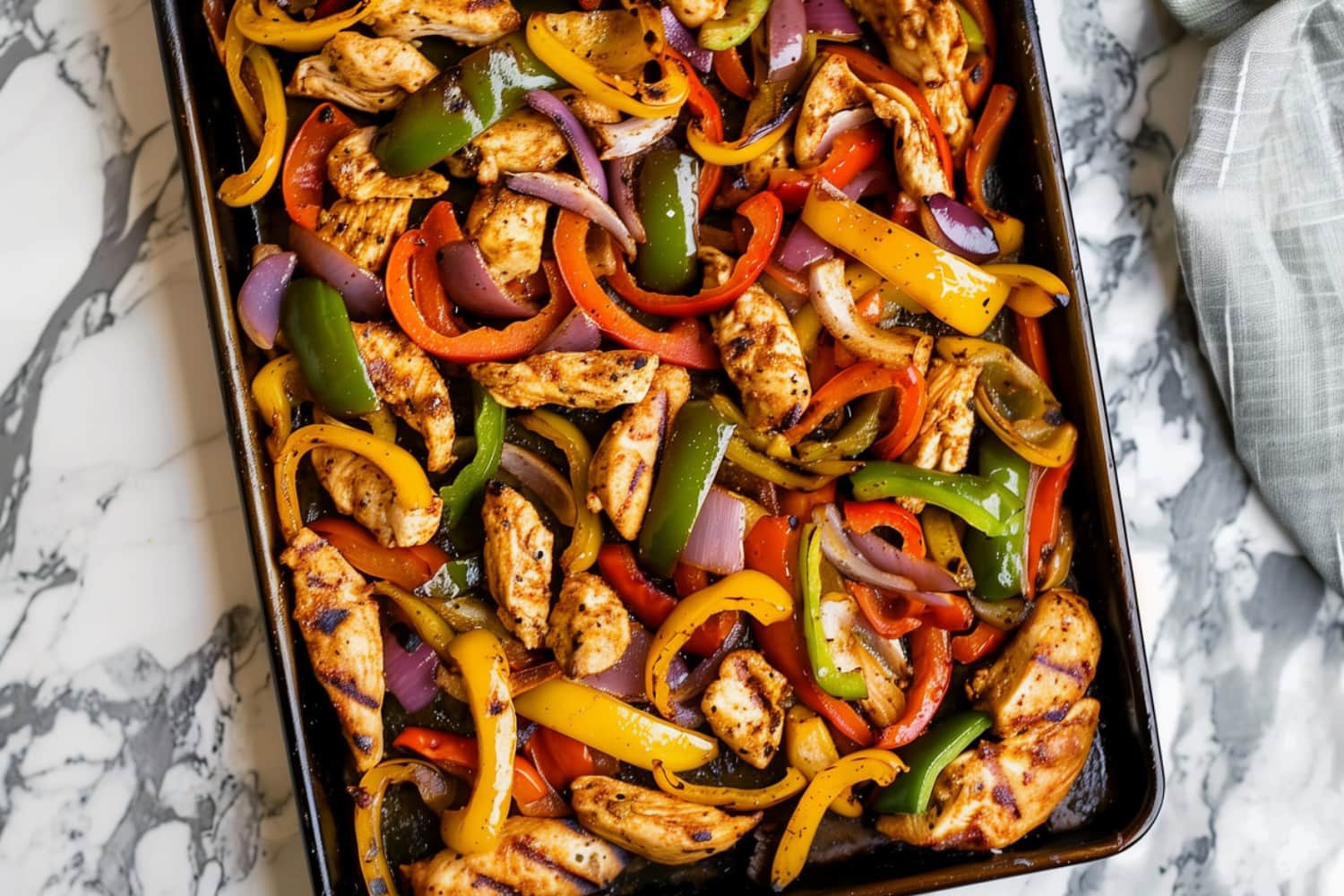 Easy sheet pan chicken fajitas with bell peppers and onions, featuring a quick and simple one-pan meal.