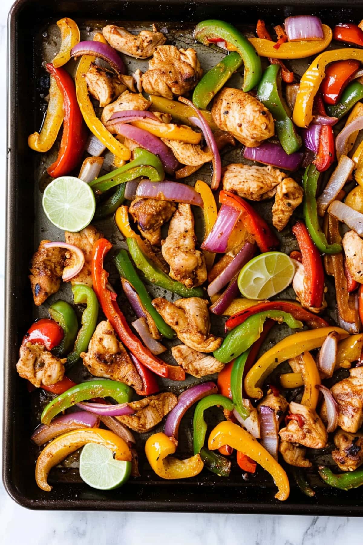 Sheet Pan Chicken Fajitas with Bell Peppers, and Onions.