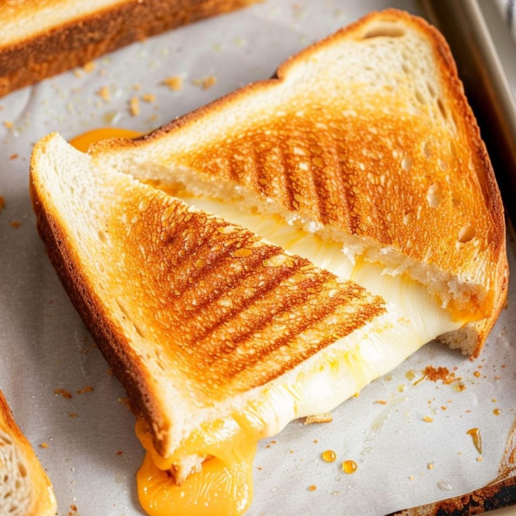 Sliced in half gooey grilled cheese sandwich on a sheet pan.