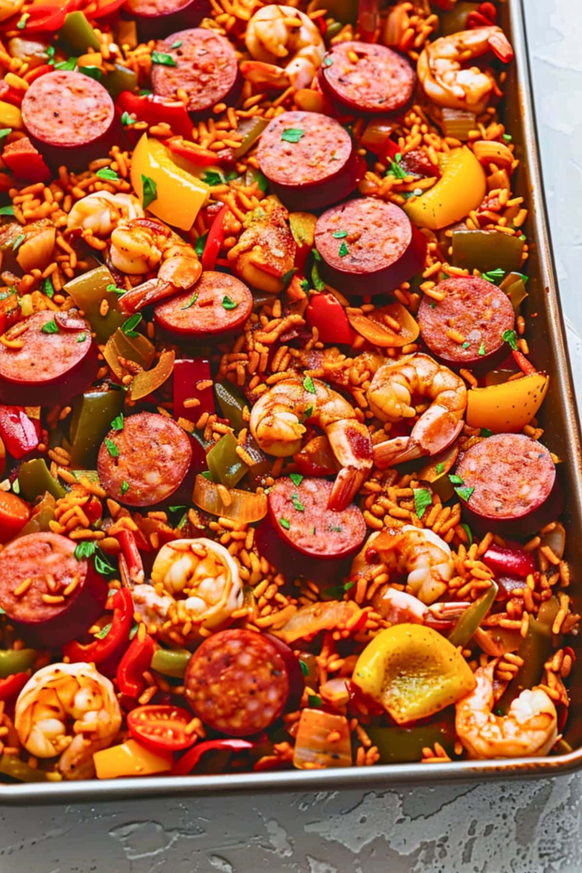 Jambalaya made with mix of shrimp, spicy andouille sausage, and a rainbow of bell peppers tossed with cooked rice.