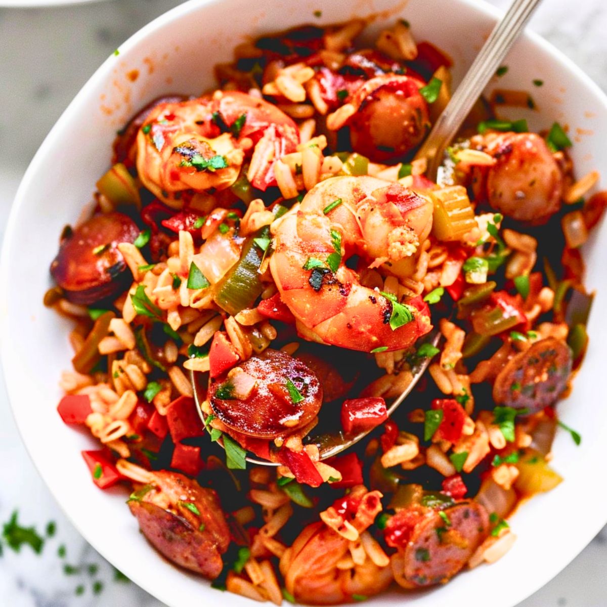 Spoon scooping a serving of Jambalaya with shrimp and sausage.