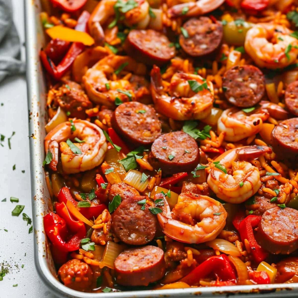 Jambalaya cooked in sheet pan.