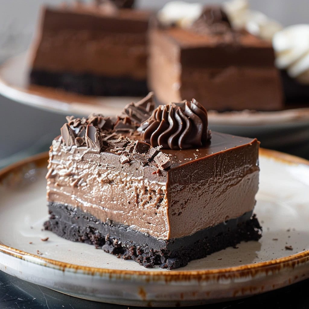 Chocolate Cheesecake Bar on a plate with ganache and chocolate shavings on top