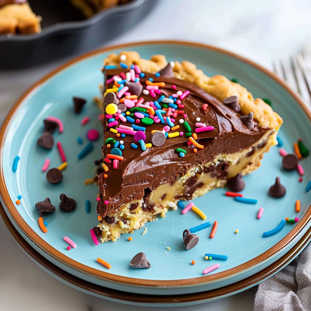 Slice of chocolate chip cookie cake with chocolate frosting and sprinkles on a blue plate