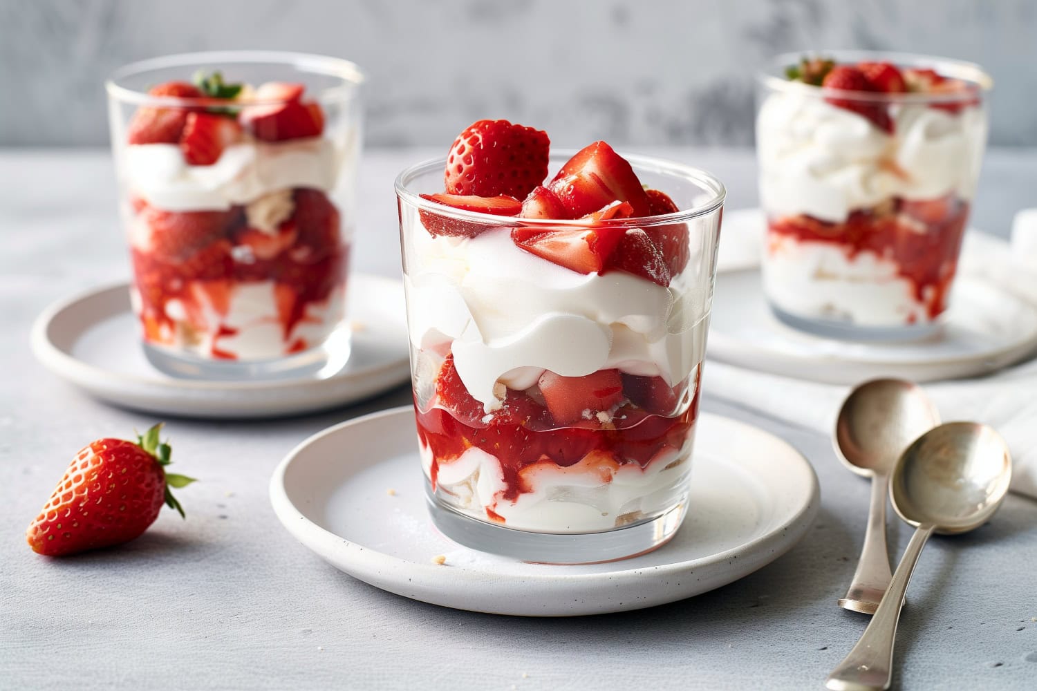 Three strawberry Eton mess filled with whipped cream and coarsed meringue cookies.