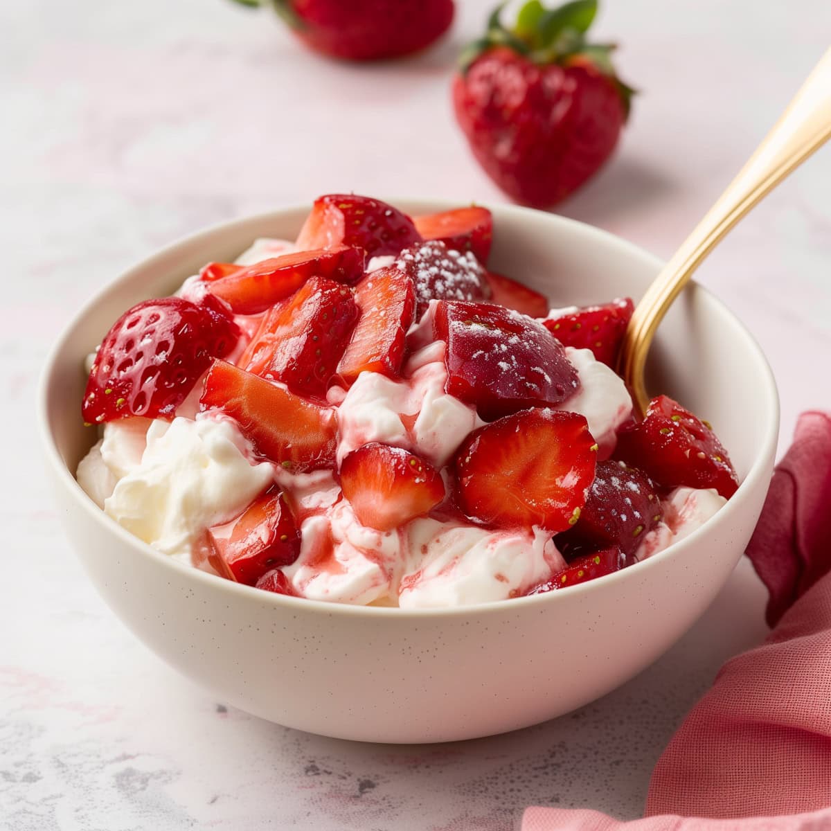 Light and sweet strawberry Eton mess with whipped cream in a white bowl.