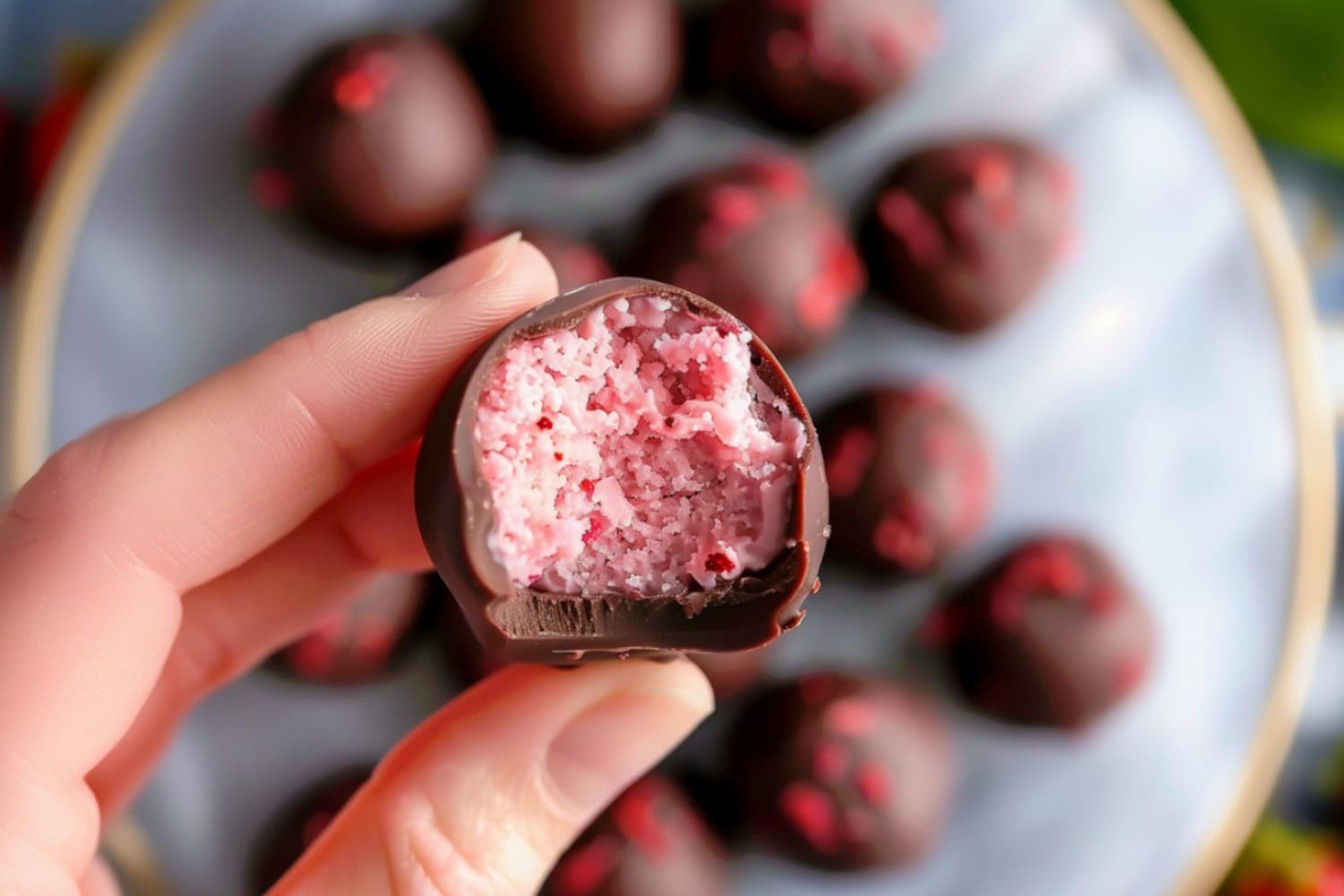 Hand showing a bitten chocolate coated strawberry truffles.