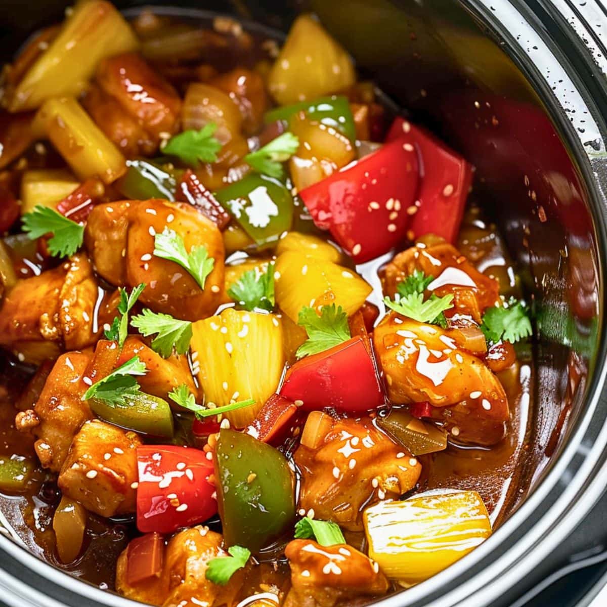 Sweet Hawaiian crockpot chicken with pineapple chunks, green and red bell pepper in soy sauce mixture. 