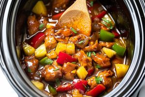 Hawaiian chicken made with pineapple chunks, green and red bell pepper inside a slow cooker.