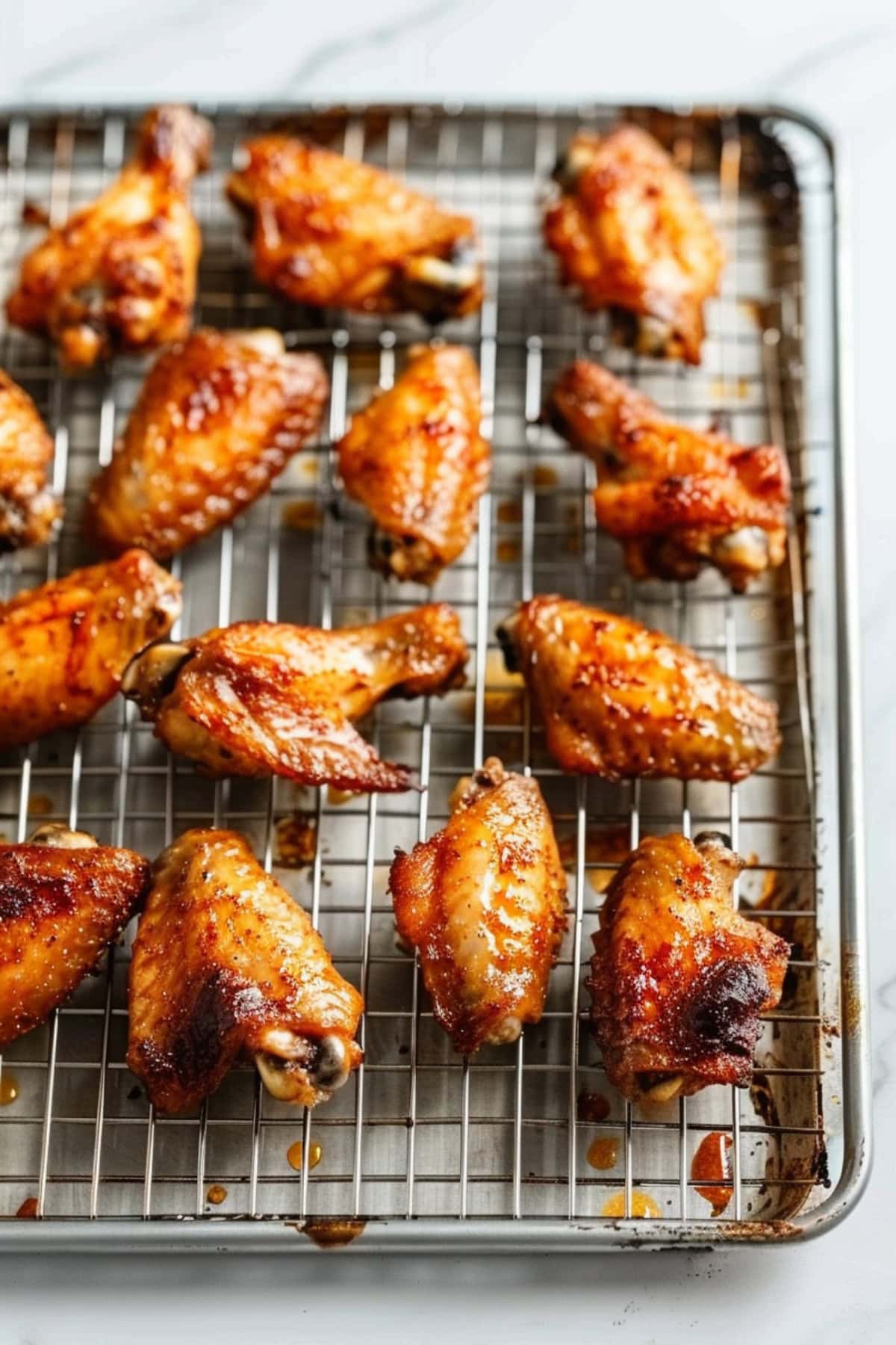 Baked tandoori chicken winds in a tray with wire mesh.