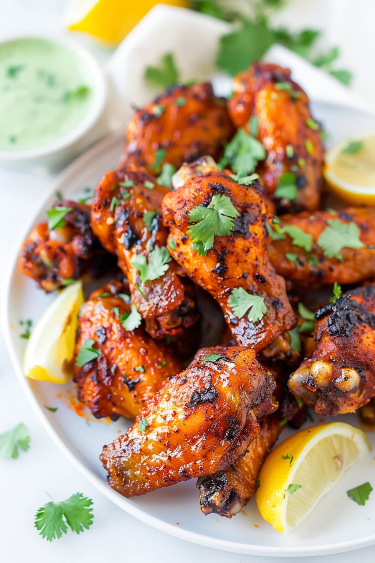 Close up view of tandoori chicken wings garnished with cilantro and lemon wedges.