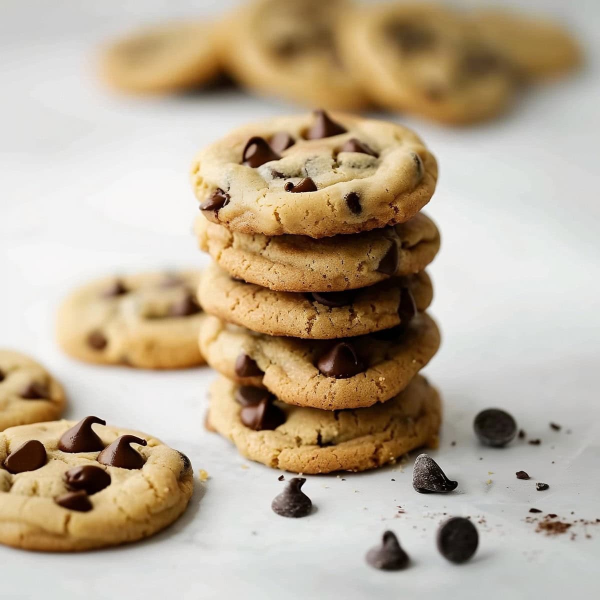 Banana bread chocolate chip cookies stacked on a white table