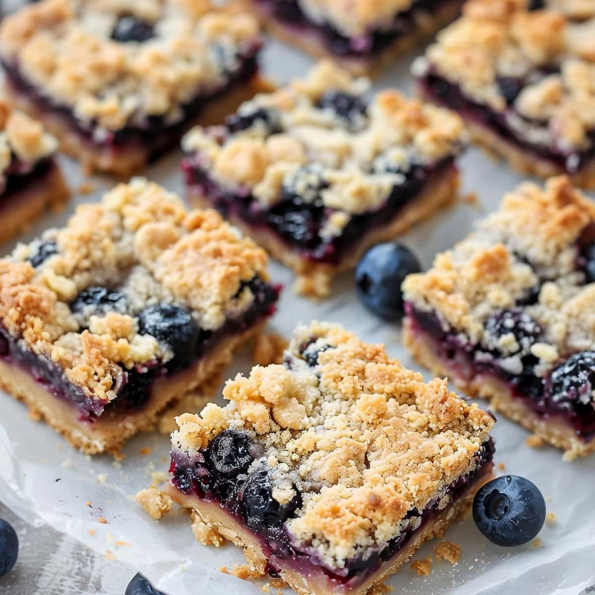 Blueberry crumble bars on a white parchment paper.