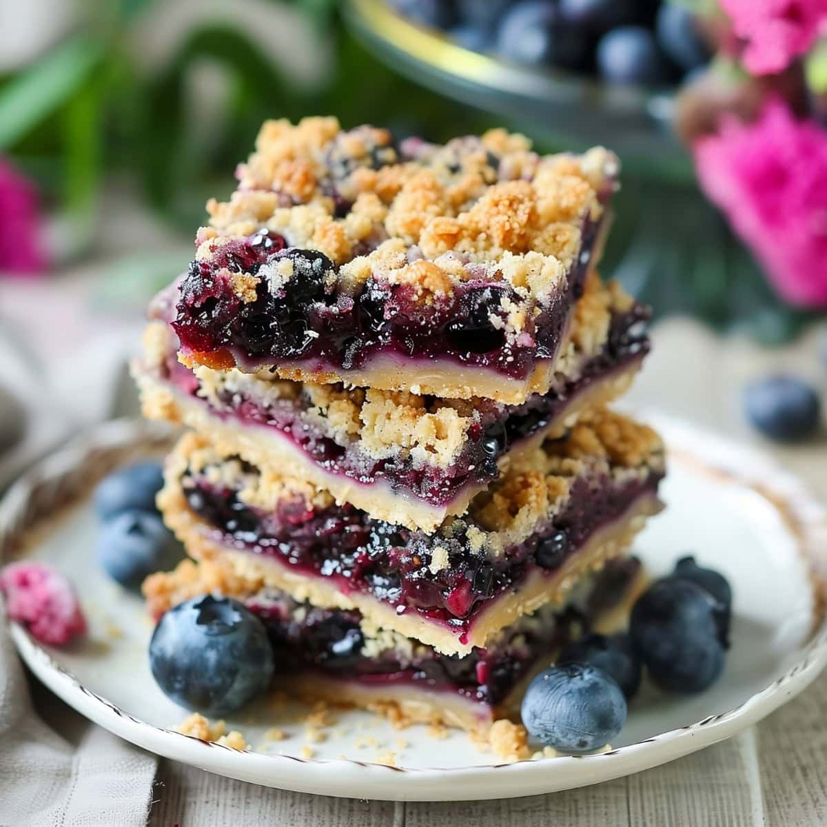 Blueberry crumble bars, served in a white plate with a golden-brown, crumbly topping.