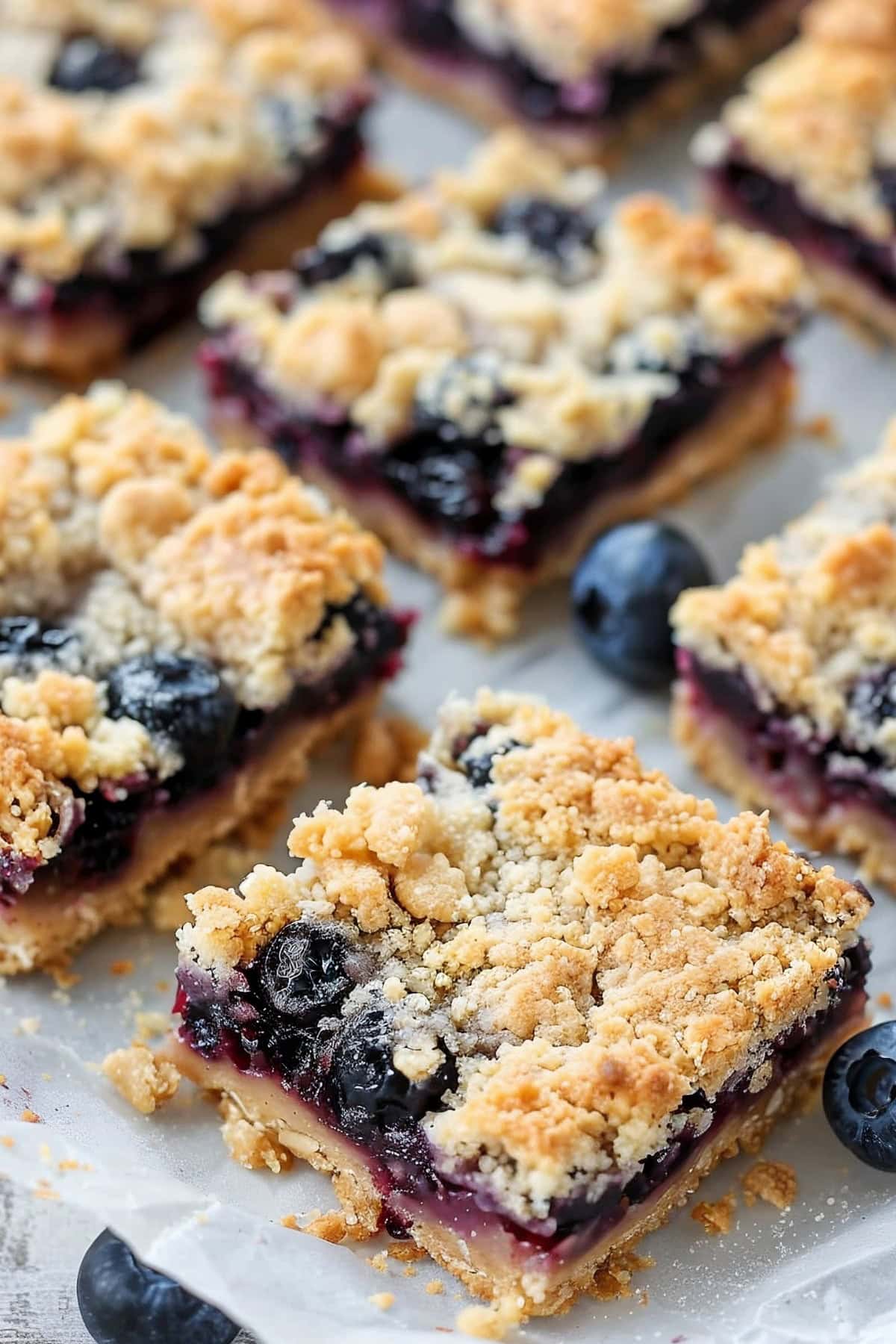 Delicious blueberry crumble bars, featuring layers of buttery crust, sweet blueberries, and crunchy crumble.