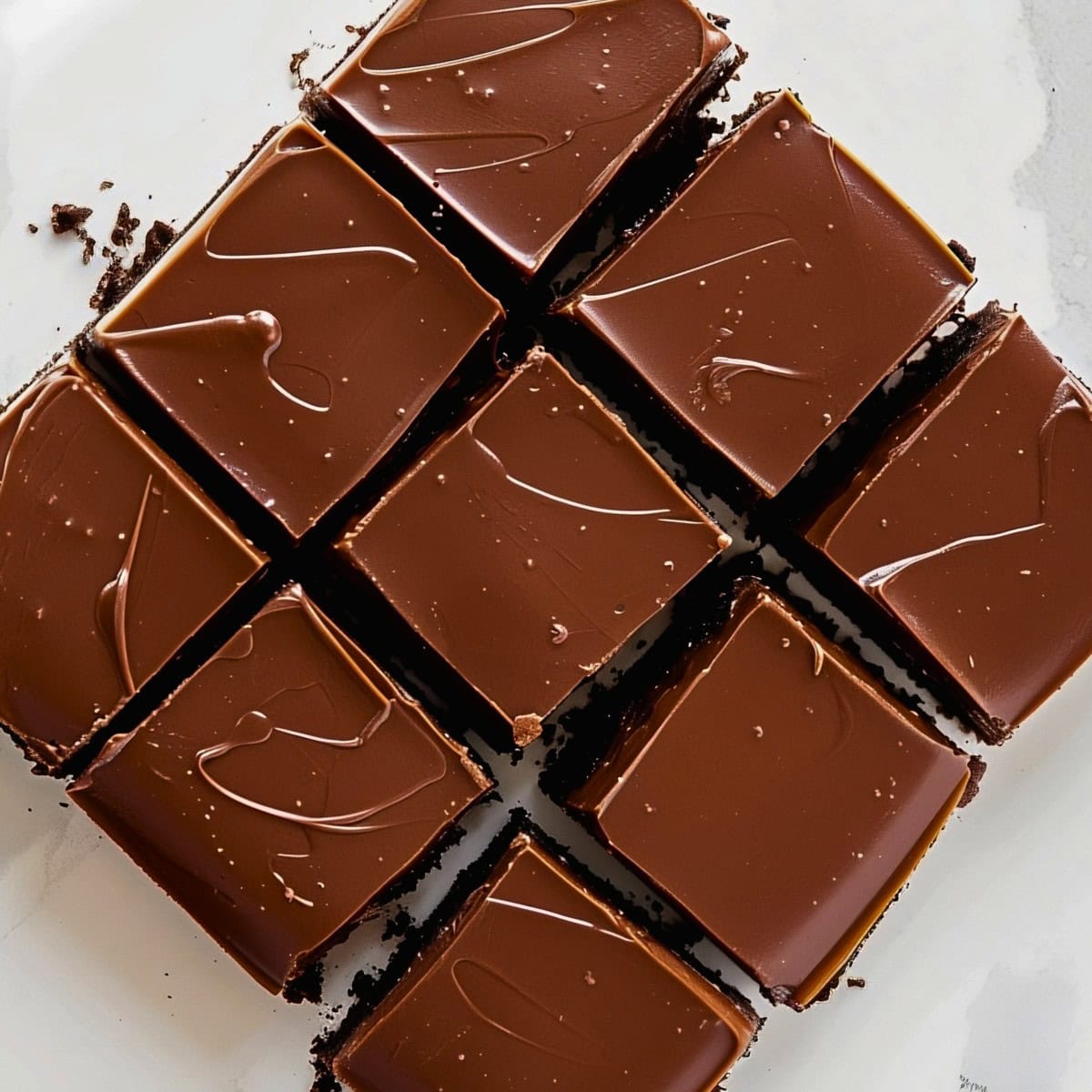 Chocolate Cheesecake Bars Cut Into Squares, top down view