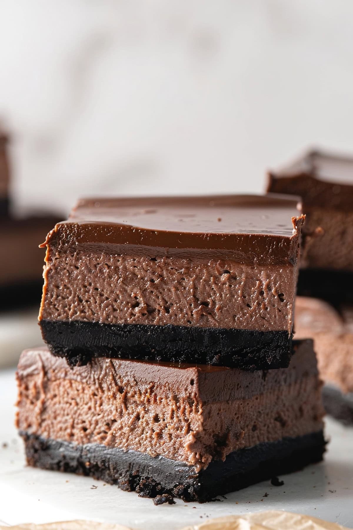 Square slices of chocolate cheesecake. 