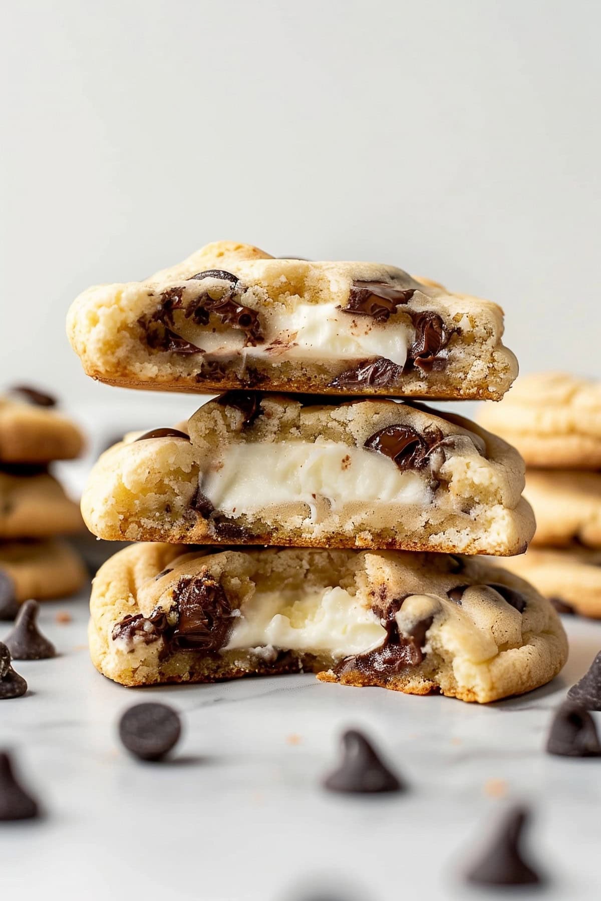 Chocolate Chip Cheesecake Cookies Stacked on a White Marble Table.