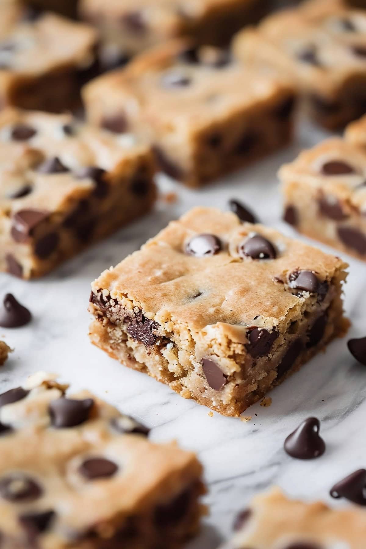 Chocolate Chip Cookie Bars arranged in line on a white marble surface.