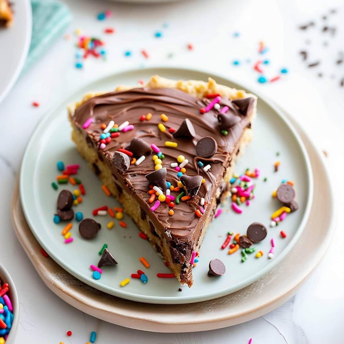 Sweet and Delicious Homemade Chocolate Chip Cookie Cake slice on a plate