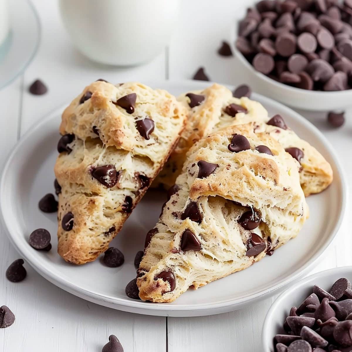 Three Chocolate Chip Scones on a plate with bowls of chocolate chips on the side