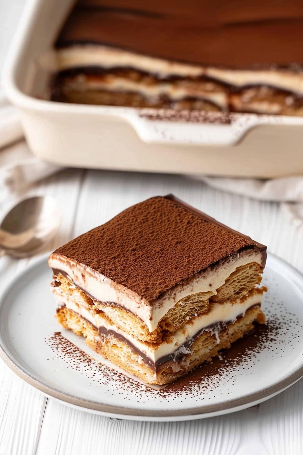 Chocolate Tiramisu slice in a white plate