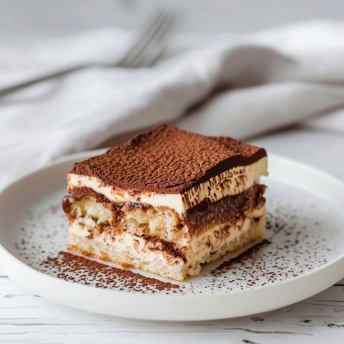 A slice of creamy Chocolate Tiramisu in a white plate dusted with cocoa powder.