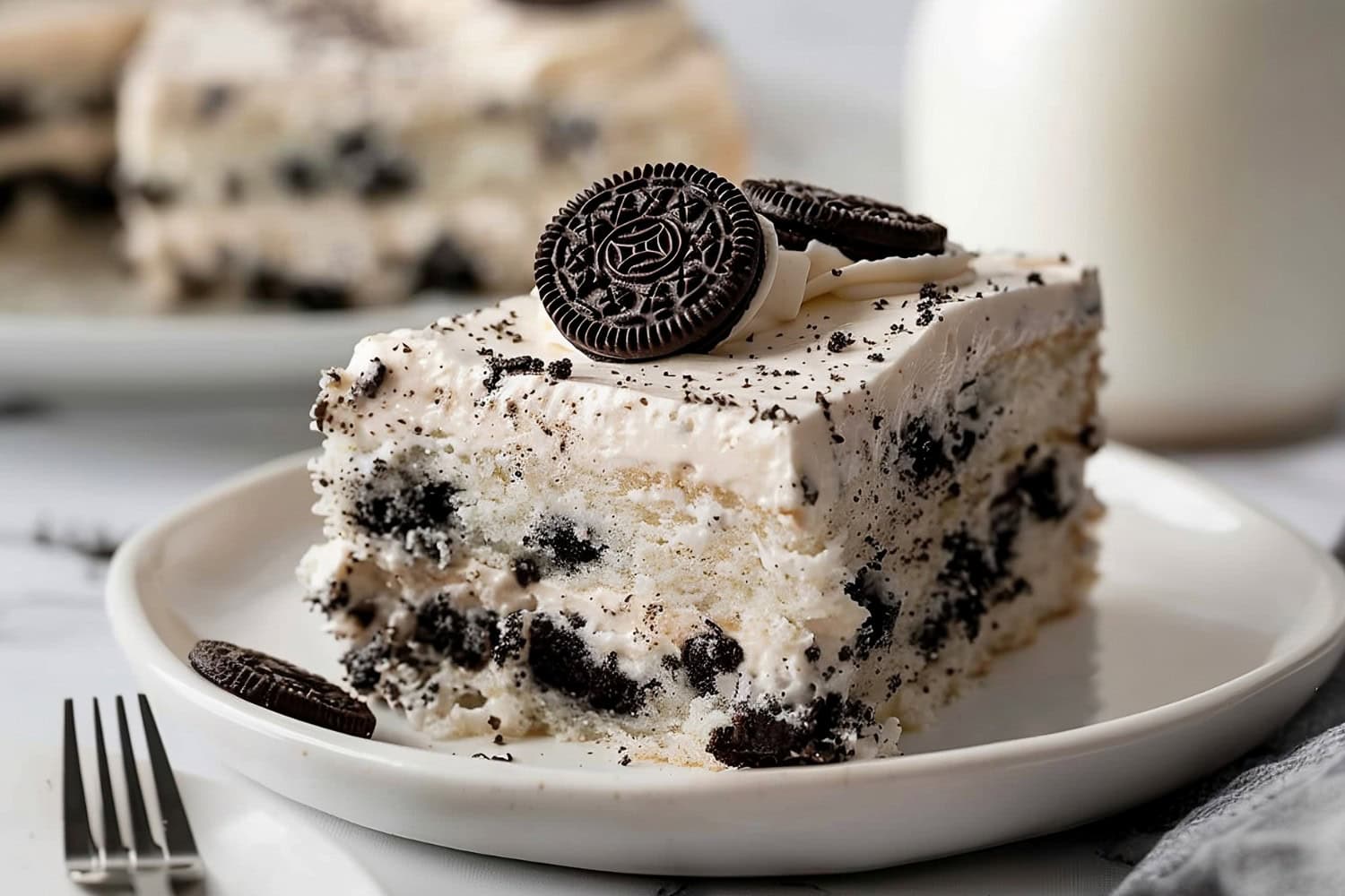 Cookies and Cream Sheet Cake Square on a Plate