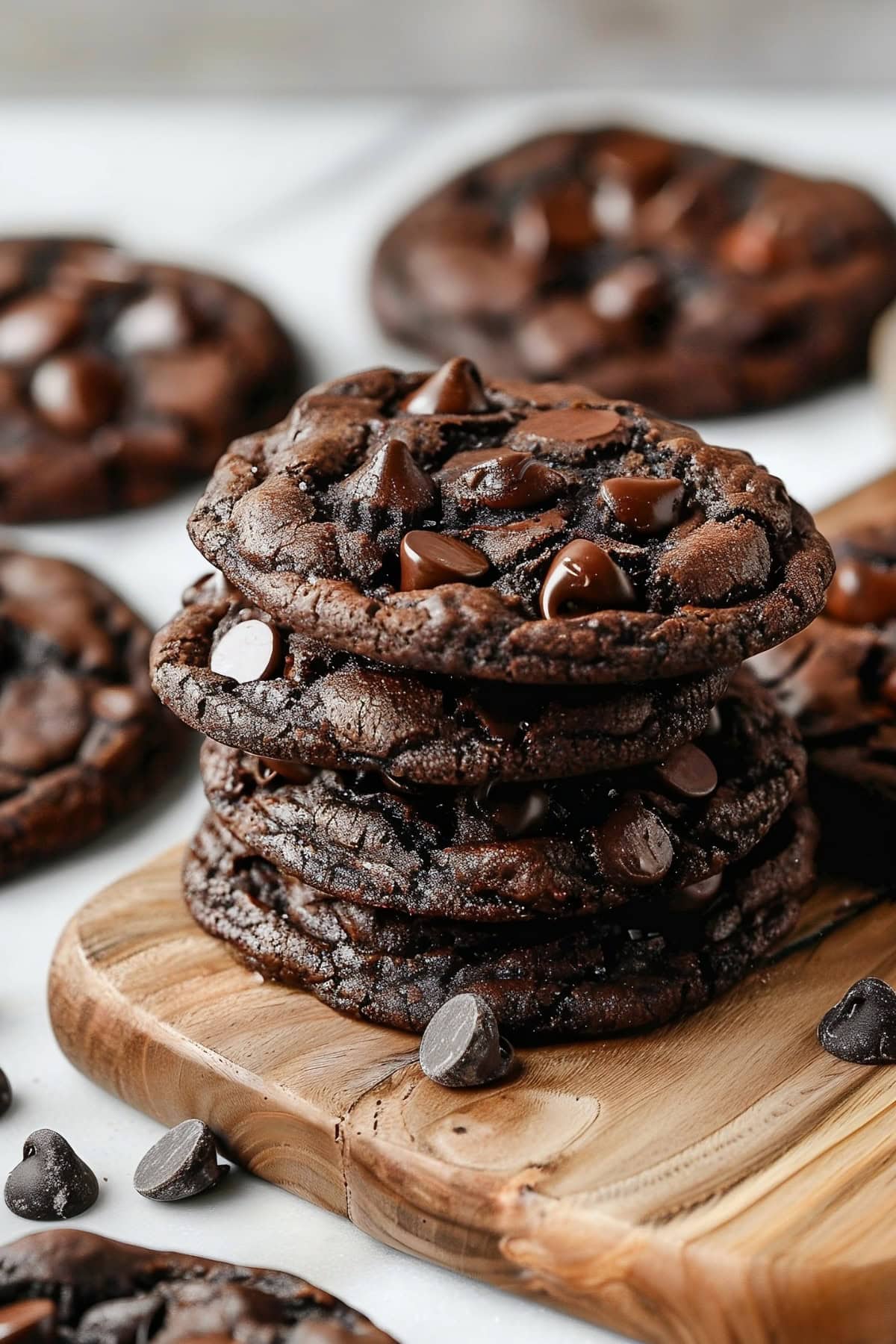 Double chocolate chip cookies stacked on a wooden board.