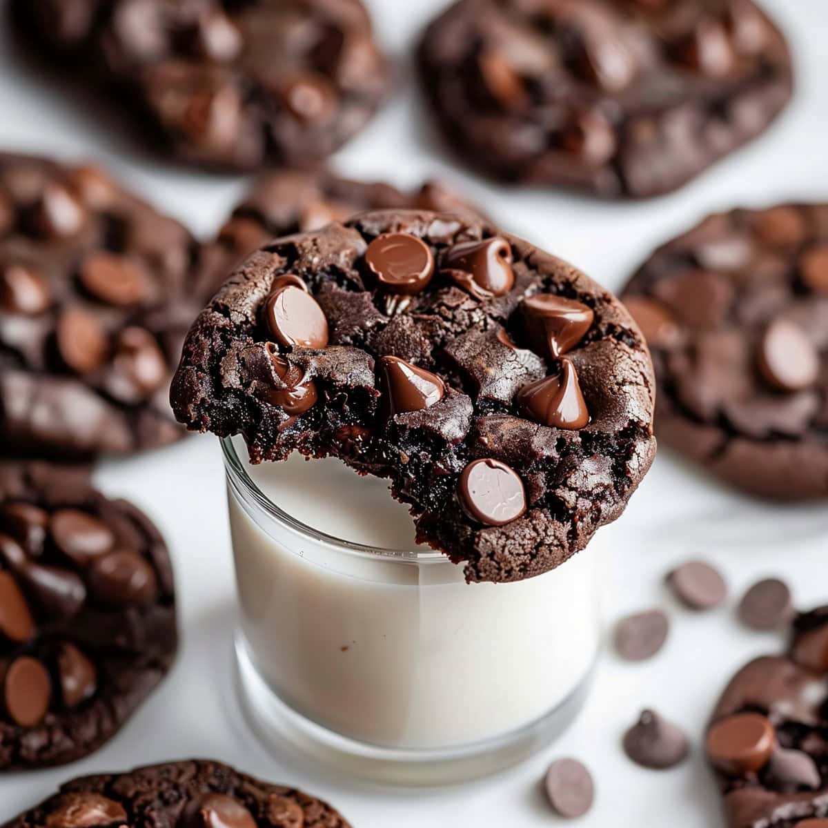 Bitten chocolate chip cookie on top of a glass of milk with more cookies on the table surrounding