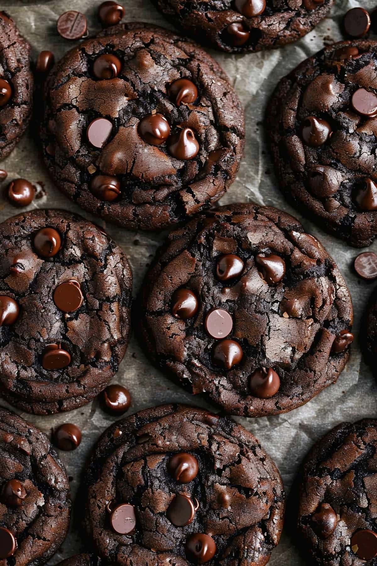 Double Chocolate Chip Cookies lying on a parchment paper, close up view