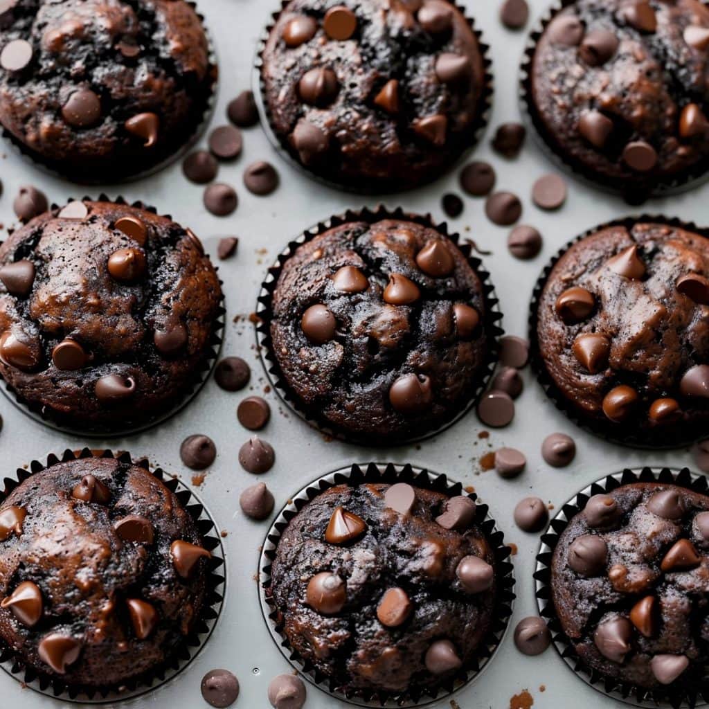 Moist and Fudgy Double Chocolate Muffins in a muffin tray, top down view