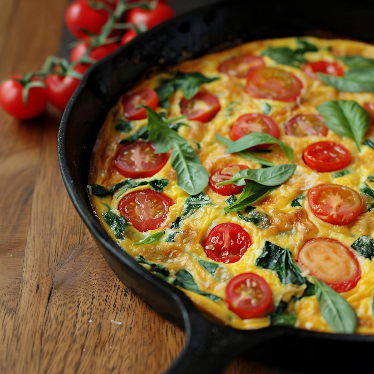 Delicious frittata loaded with egg and tomatoes, garnished with fresh herbs