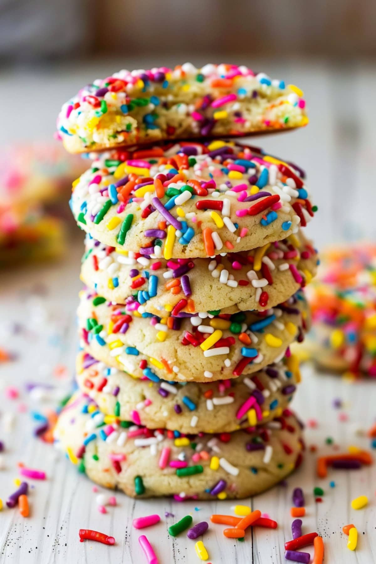 Funfetti cookies stacked on a wooden table.