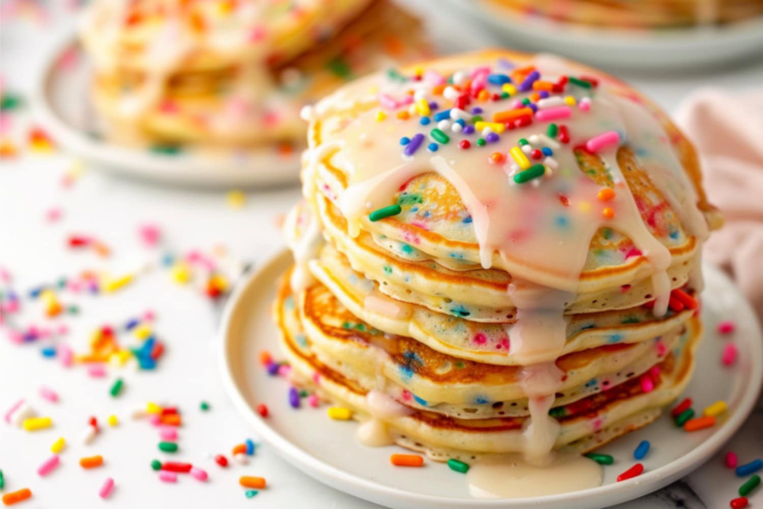 Funfetti pancakes served on a white plate
