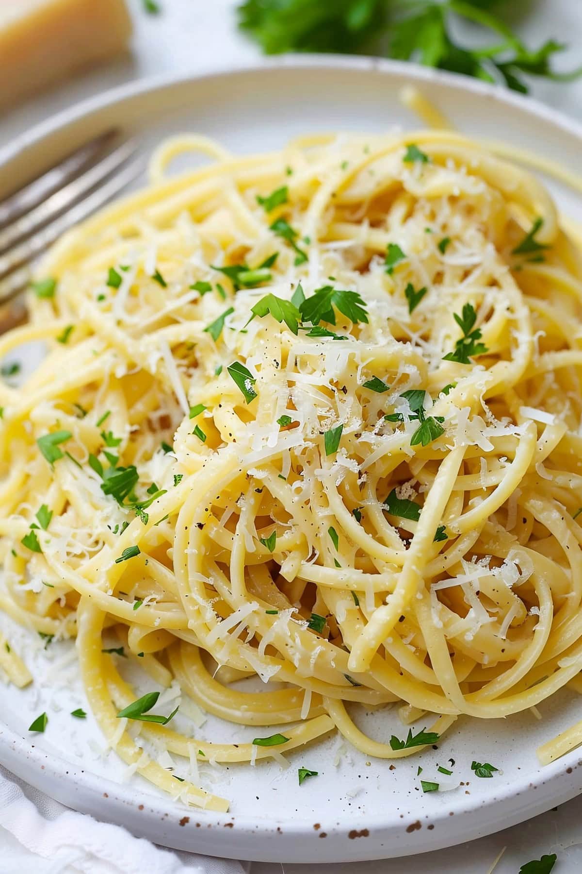 Garlic Parmesan Pasta with Parsley and Parmesan Cheese.