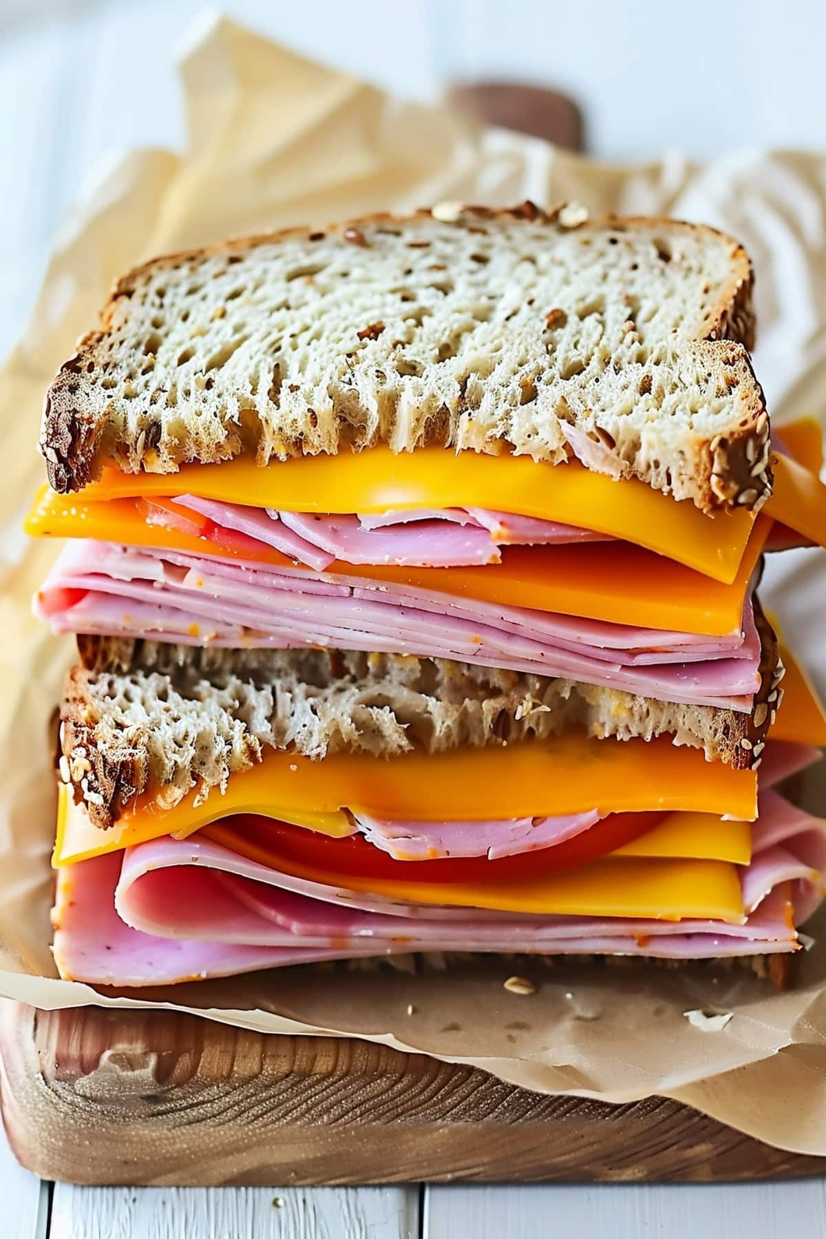 Ham and Cheese Sandwich with layers of deli ham and sliced cheese in seeded, whole grain bread