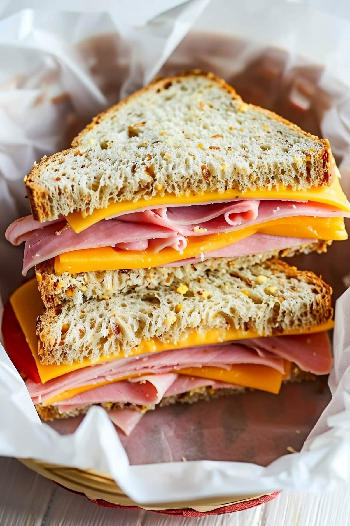 Ham and Cheese Sandwich cut in half in a basket with parchment paper