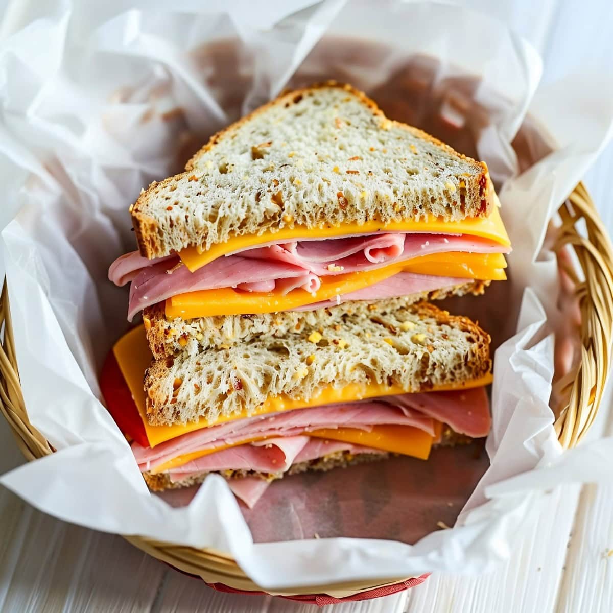 Sliced Ham and Cheese Sandwich stacked in a basket