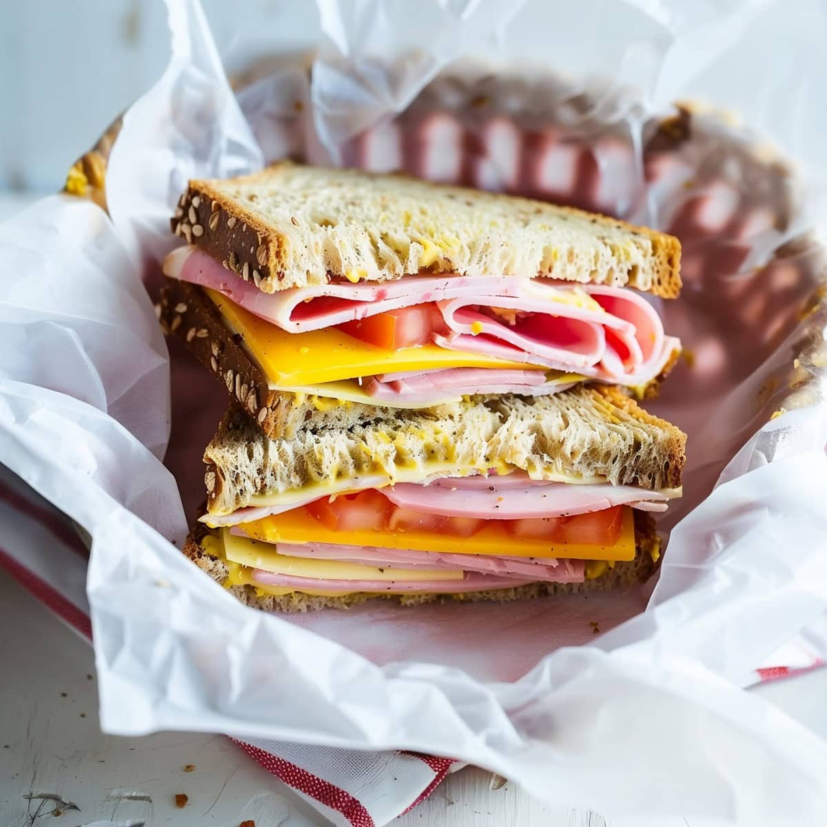 Ham and Cheese Sandwich with tomato slices in a basket with parchment paper