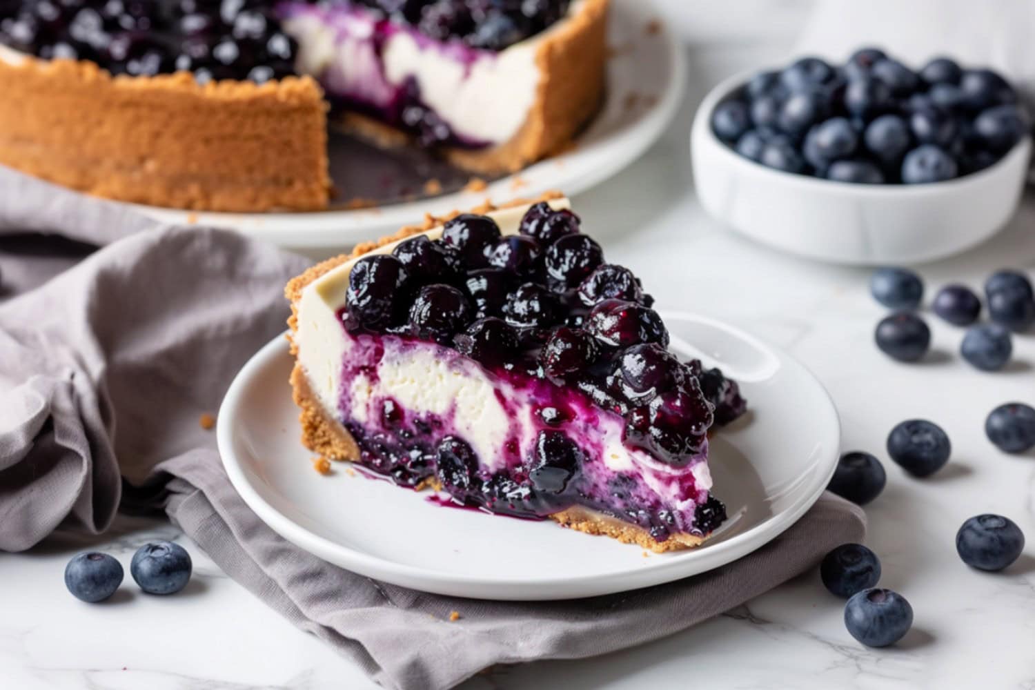 Lemon Blueberry Cheesecake slice in a white plate.