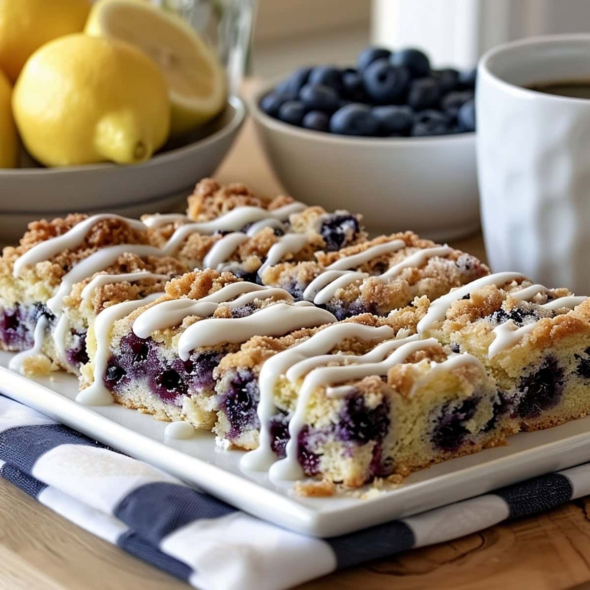 Lemon blueberry coffee cake cut into squares with glaze drizzled on top