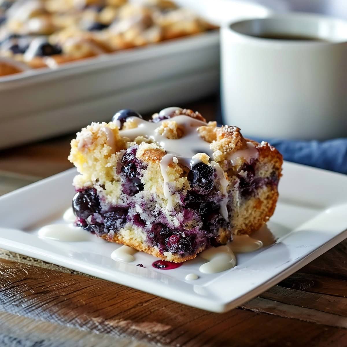 Slice of Lemon Blueberry Coffee Cake on a plate with glaze