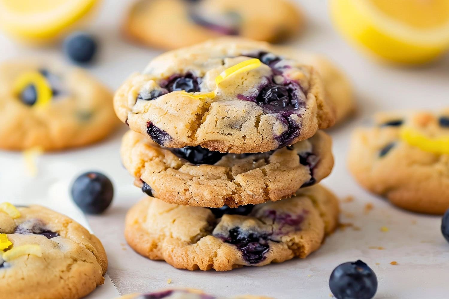 Lemon blueberry cookies stacked on a parchment paper.