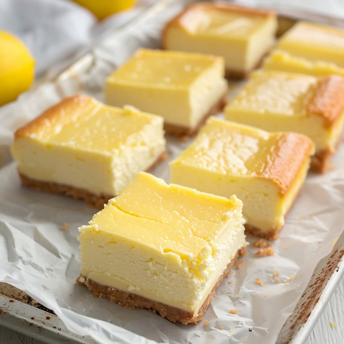 Decadent lemon cream cheese bars, fresh out of the oven with a vibrant yellow hue.