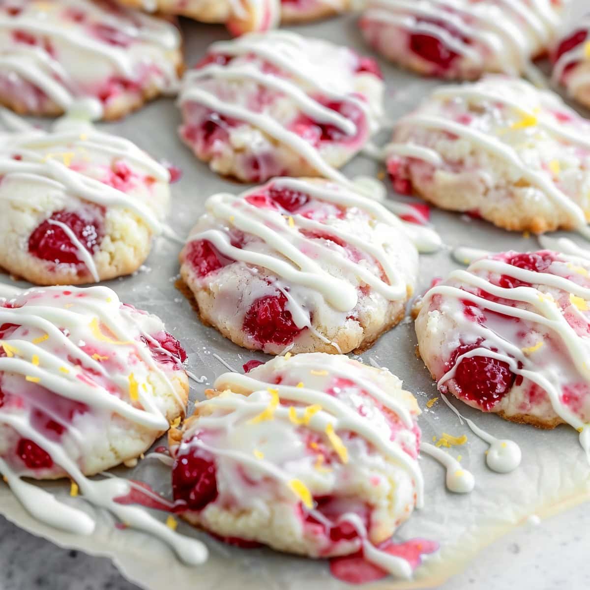 Glazed lemon raspberry cookies on a sheet of parchment paper.