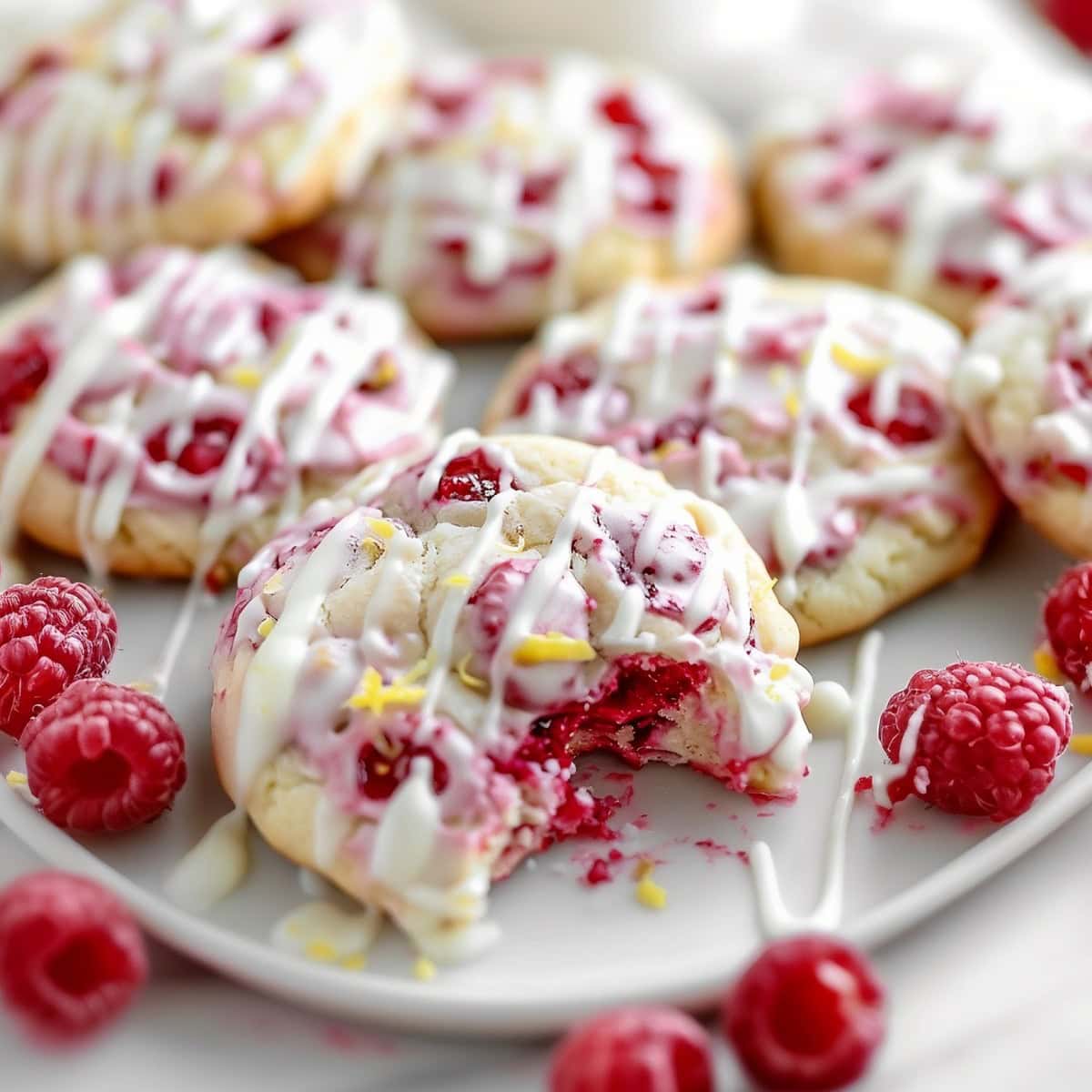 Lemon raspberry cookies drizzled with white glaze served on a white plate with fresh raspberries on the side.